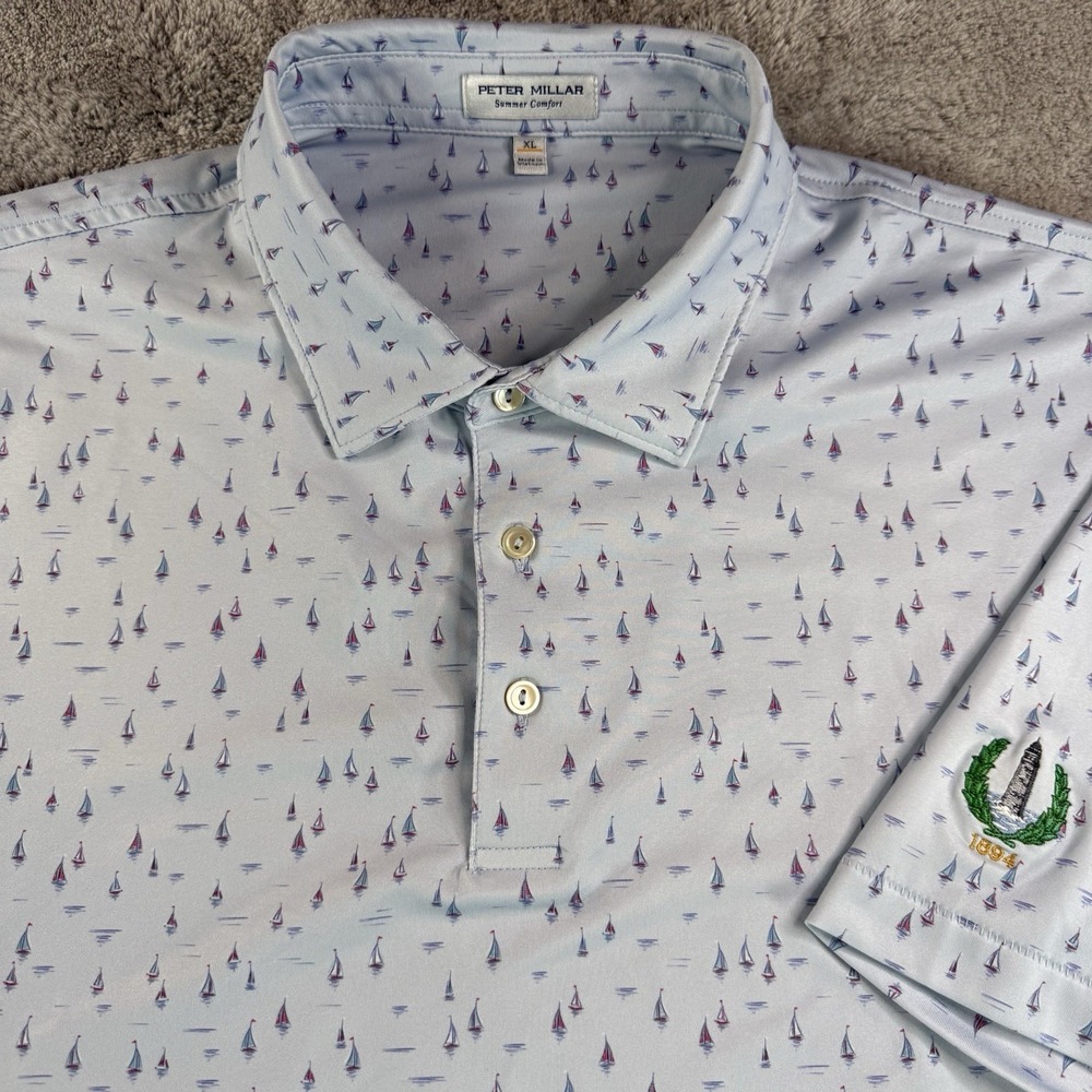 Peter Millar Summer Comfort Polo Mens XL Sail Boats AOP Lighthouse Golf Shirt